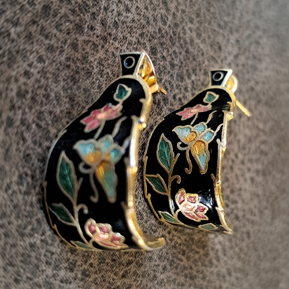 Stunning Vtg Cloisonné Enameled EARRINGS Butterflies Floral On Black Leaf Shape - Picture 4 of 7
